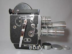 Bolex 16mm Movie Camera, Wollensak 25mm 76mm 150mm C-mount Lenses Meter Eyecup
